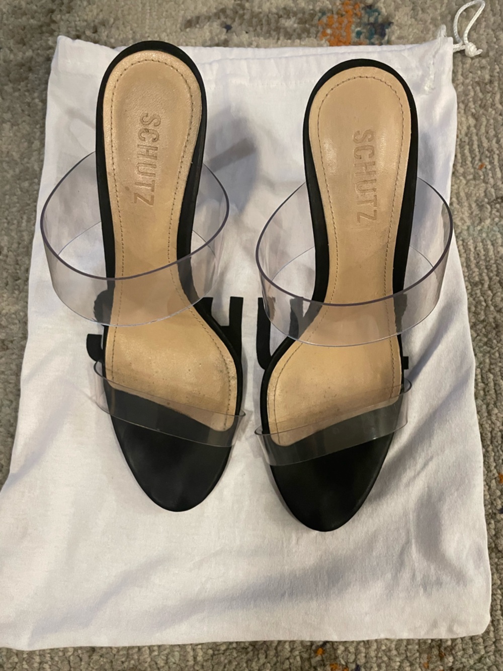 SCHUTZ Suede Ariella Black and Clear Two-Strap Mid-Heel Mules